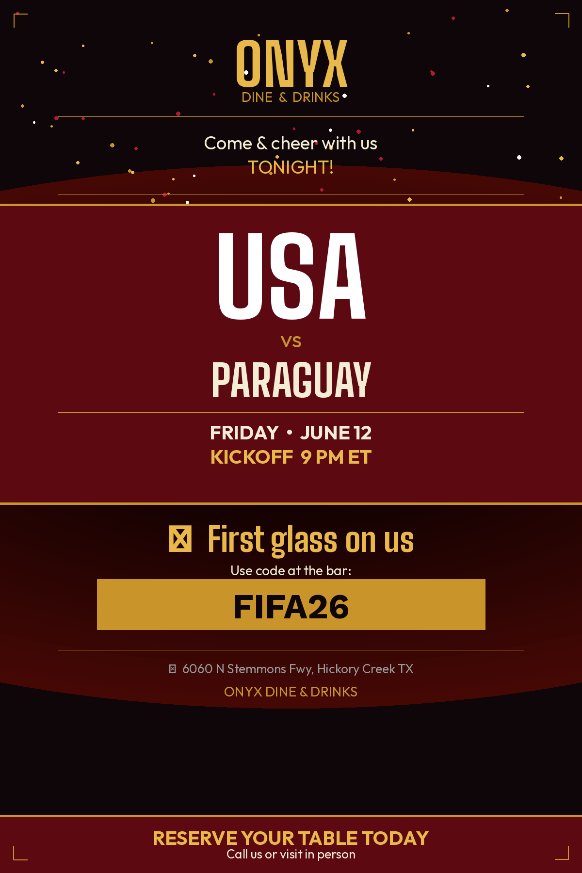 USA vs Paraguay - FIFA World Cup Watch Party at Onyx - Tonight, Kickoff 9 PM ET